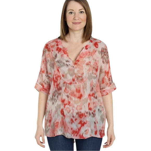 Vince Camuto Red, Pink and Gray Floral Sheer Blouse - Picture 1 of 7